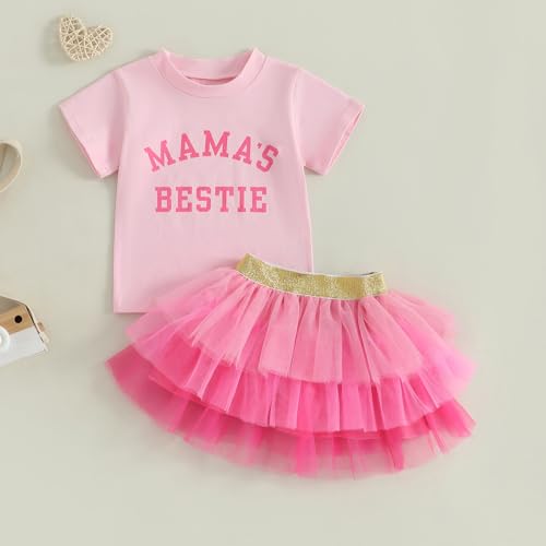 Image of Kayotuas Toddler Girl Summer Clothes Big Sister Outfit Letter Short Sleeve T-shirt Layered Tutu Skirt Set Cute Birthday Dress