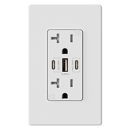 Elegrp Usb Outlets, 30W 6.0 Amp Usb C Outlets Receptacles, 3-Port Usb Wall Outlet, 20 Amp Tamper-Resistant Outlet With 2 Usb C Ports, Ul Listed, Screwless Wall Plate Included, 1 Pack, Matte White #TOP15