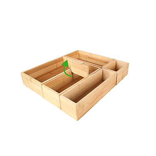Bamboo Drawer Organizer Boxes,5 pcs Luxury Wooden Desk Storage Box Kit,Multi-use Storage Bins with Removable Dividers for Kitchen, Bathroom, Office Desk, Makeup, Jewelry