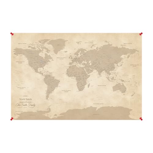 Image of Vintage Style World Travel Map Poster with Pins - Canvas Travel Tracker - Customized Map of the World - Extra Large 34 inch x 51 inch