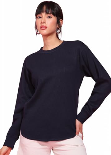 Image of Alan Jones Clothing Women's 100%Cotton Relaxed Fit Waffle Crew Neck Long Sleeve T-Shirt