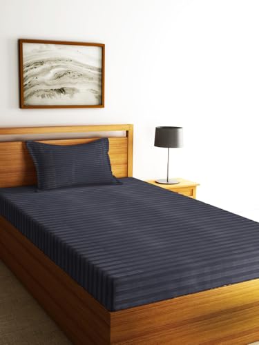 Image of Home Sizzler 300TC Cotton Grey Satin Striped Single Bedsheet with 1 Pillow Cover, 90 inchX55 inch