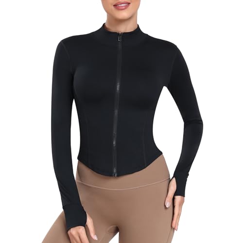 Women's Full Zip Lightweight Running Yoga Slim Fit Cropped Bbl Jacket Workout Sportwear With Thumb Holes2