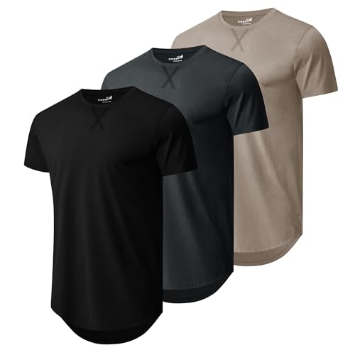 Mens 3 Pack Plain Cotton Shirts Short Sleeve Casual Crew Neck T-Shirts Hipster Hip Hop Longline Tees Drop Cut Curved Hem