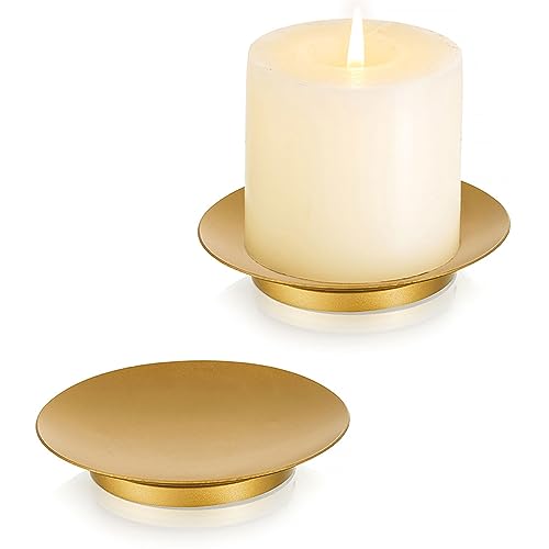 Romadedi Iron Plate Candle Holder – Gold Candle Holders for Pillar Candles, Set of 2 Small Candle Tray Pillar Candle Holder Plate Metal Candle Stand for Coffee Table Decor, Wedding, Party, Home Decor