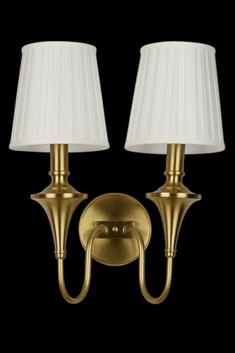 Image of Vintage Brass Double Arm Wall Lamp | Classic Fabric Platted Shade | Luxury Classic Sconce Light | Decorative Lighting Fixture for Living Room, Bedroom, Hallway