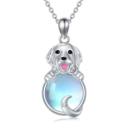 DOLPHERS Hunde-Halskette aus 925er Sterlingsilber für Damen, Mondstein-Hündchen-Anhänger, Schmuck, Gedenkgeschenke für Hundeliebhaber(Golden Retriever)