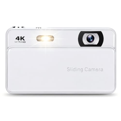 4K Sliding digislide Digital Camera, 64 MP, Autofokus, Verschiebbare Retro Digitalkamera mit 2,8 Zoll HD Bildschirm, 16 fachem Digitalzoom, Vlogging Kamera mit Fülllicht (White)