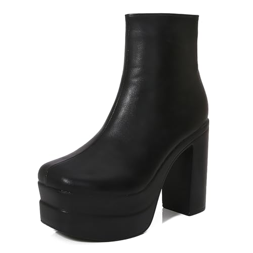 Women's Leather Square Toe Platform Chunky Heel Ankle Boots with Side zipper fashion comfortable Block Heel Evening Party Dress Booties