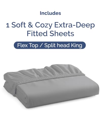 Image of Extra Deep Flex Top Split Head King Fitted Sheet - Hotel Luxury Single Fitted Sheet Only - Easily Fits 18 inch to 24 inch Mattress - Ultra Soft, Wrinkle Free w /Extra Deep Pockets - Steel Blue