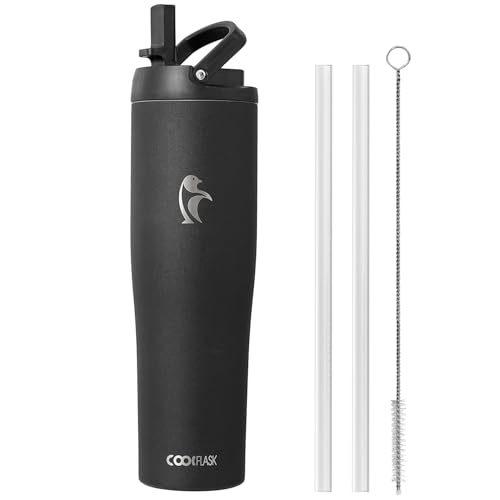 Image of Coolflask 40 oz Insulated Water Bottle Fits Cup Holder with Straw & Handle