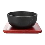 LIFKOME Gusseiserne Suppenschüssel 17cm mit Holzuntersetzer Antihaftbeschichtet für Bibimbap Reis Miso Induktions Küchenhelfer