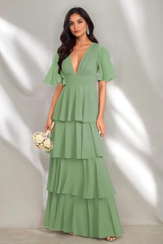 Tiered Bridesmaid Dresses for Women with Sleeves Chiffon V Neck Short Sleeves A-line Long Formal Dress3