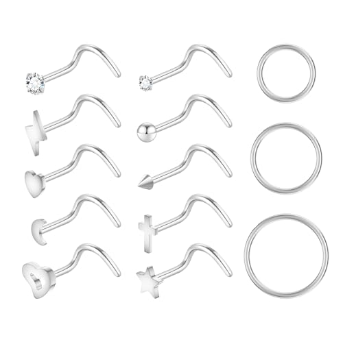 VerveVanguard 18G Hypoallergenic Surgical Steel Nose Rings For Women Men,14KGold Plated CZ Nose Piercing Jewelry Screw Shaped Studs and 6mm/8mm/10mm Hoop Nose Rings Lip Rings.