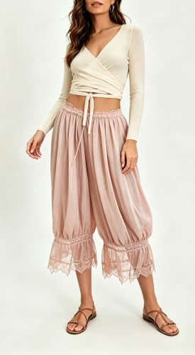 Image of UAURORAO Women Lace Trim Bloomer Pants Flowy Culottes Pantaloons Bloomers