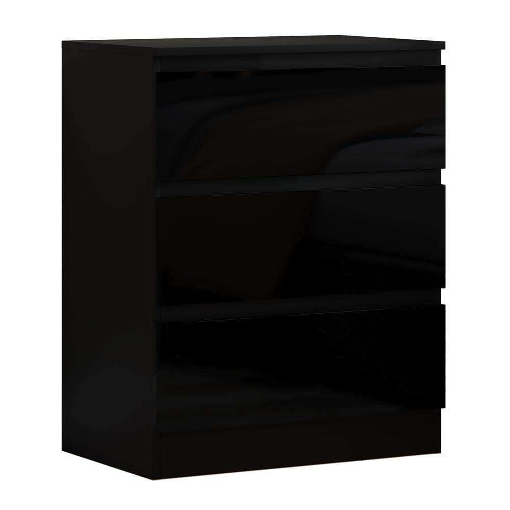 FWStyle 3 Drawer Chest of Drawers Bedside Cabinet Scandinavian Style Bedroom Furniture - H77 X W60 X D40 (Black Gloss)