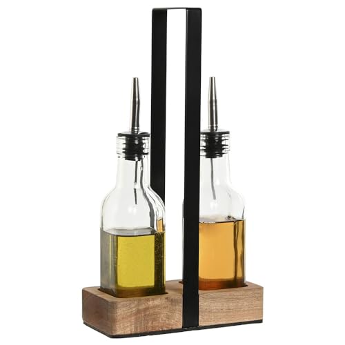 MGE - Set de Aceitera y Vinagrera de Cristal con Soporte de Madera de Acacia - Recipiente para Aliños Antigoteo - Dosificador de Aceite y Vinagre - Aceitera y Vinagrera - Aceitera Cocina - 180 mL