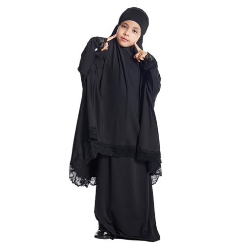 Kids Girls Abaya Muslim Full Cover Lace Hijab Dress Kaftan Dubai Islamic Prayer Dress, 2pcs Set2