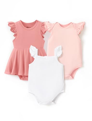 Image of PATPAT Baby Girl Bodysuits - Soft Bamboo Viscose - Flutter Sleeves Cute Dress - Newborn Infant Summer Clothes - 3 Pack