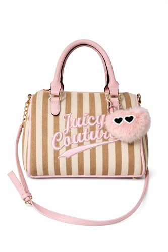Juicy Couture Free To Be Juicy Speedy Satchel, Top Handle Handbag with Crossbody Strap, Embroidered Logo, Pink Pom-Pom Charm (Sandstone)