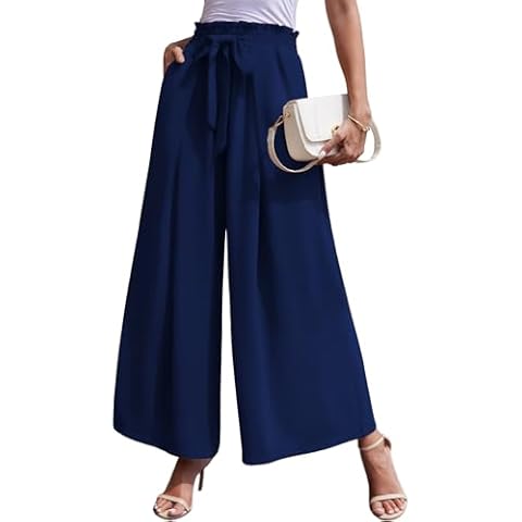 LOUSGUTA Wide Leg Pants for Women High Waisted Palazzo Pants Work Casual Flowy Flare Plus Size Tie Knot Trousers with Pockets Blue Cover