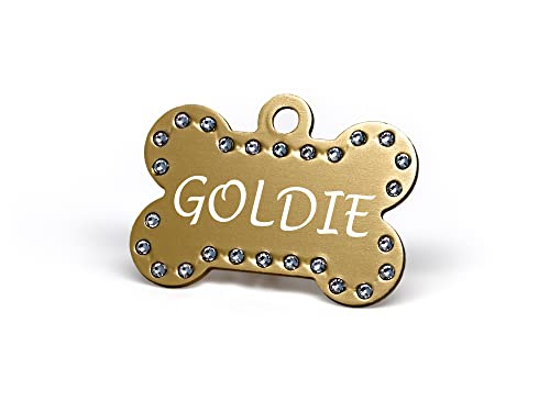 Providence Engraving Custom Engraved Pet ID Tags with Genuine Crystals - Personalized Anodized Aluminum Bone-Shaped Dog Tag or Cat Available in 9 Vibrant Colors (Gold)