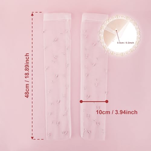 White Tulle Gloves - Wedding Pearl Long Bridal Sheer Sleeves Elbow Length Lace Fingerless Gloves for Christmas Brides Women Girls Costume Dance Party3