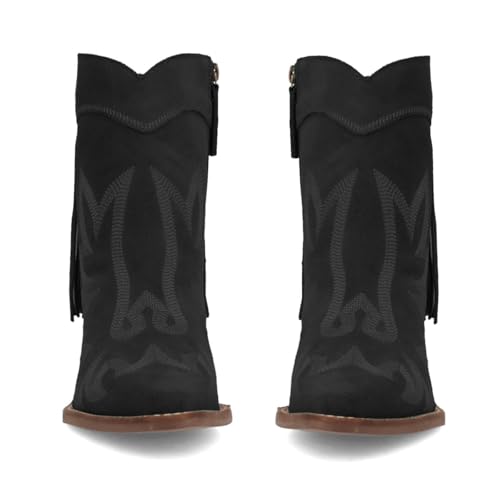 Women Tassel Western Booties Chunky Block Heel Suede Cowboy Ankle Boots Fringe Zipper Pointed Closed Toe Booties Stacked Heel Short Boots Cowgirl Embroidered Retro Vintage 4-11 M US3