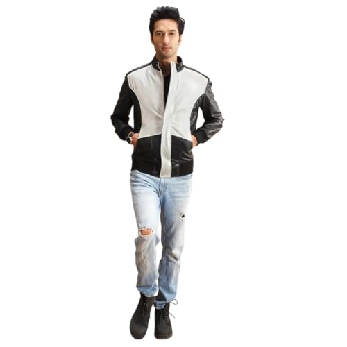Stylish Two-Tone Leather Jacket, Black and White, Modern Bomber Style with Contrast Panels, Casual Wear2