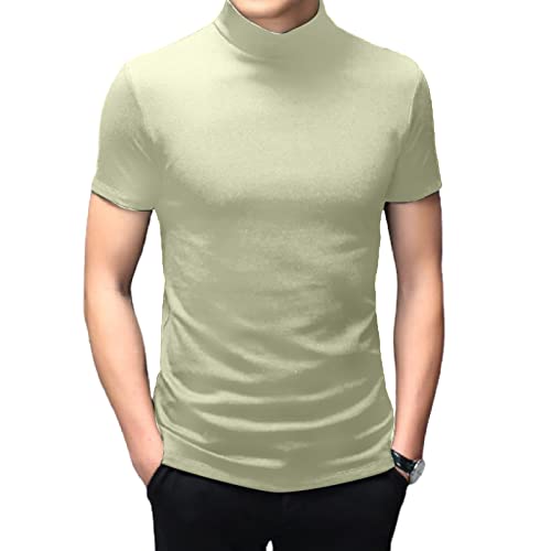 Men's Fashion Mock Turtleneck T-Shirts Short Sleeve Pullover Sweater Basic Designed Undershirt Slim Fit Top M Limegreen #TOP2