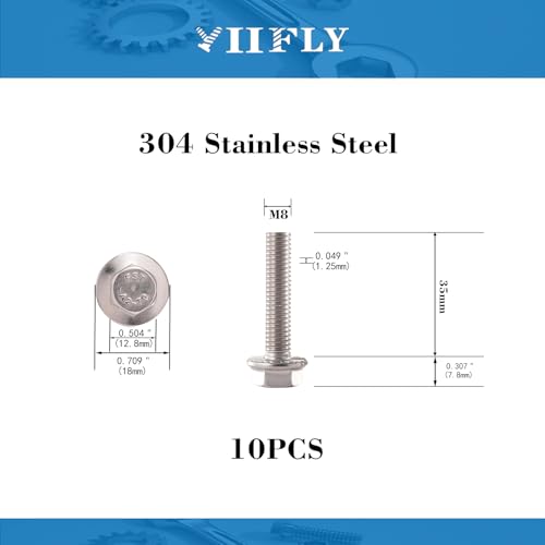 Image of M8x1.25 x 35mm Flanged Hex Head Bolts, 304 Stainless Steel (A2-70), Bright Finish, Fully Threaded, Hexagon Head Flange Bolts, Quantity 10