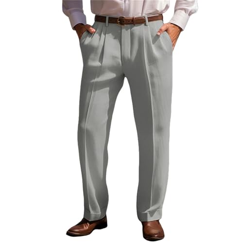 Suit Dress Pants for Men Vintage Slim Fit Stretchy Pant Cotton Linen Breathable Straight Leg Trousers Pleated Slacks