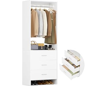 Aheaplus 2FT Closet System with 3 Drawers, 24’’ Closet Organizer, Wood Closet Organizer System, Walk-in Closet or Small Closets Wardrobe, Clothes Rack with Hanging Rods,-E6, White