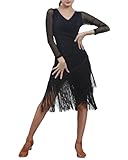 Mujer Vestido de Baile Latino con Escote en V con Flecos Swing Flapper Clásica Tango Salsa Samba con Mangas Cortas/largas para cócteles y Fiestas BsNegroLong L