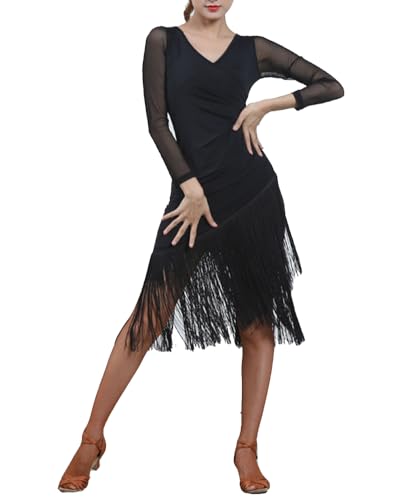 Mujer Vestido de Baile Latino con Escote en V con Flecos Swing Flapper Clásica Tango Salsa Samba con Mangas Cortas/largas para cócteles y Fiestas BsNegroLong M