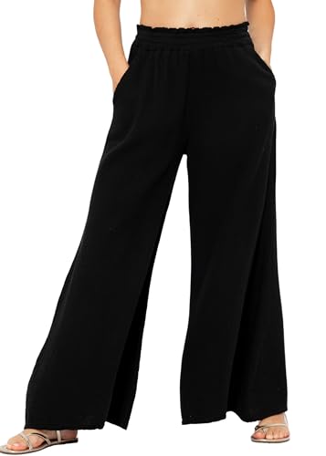 R.Vivimos Women's Cotton Palazzo Pants Casual Elastic High Waisted Loose Flowy Wide Leg Long Trousers Pants with Pockets