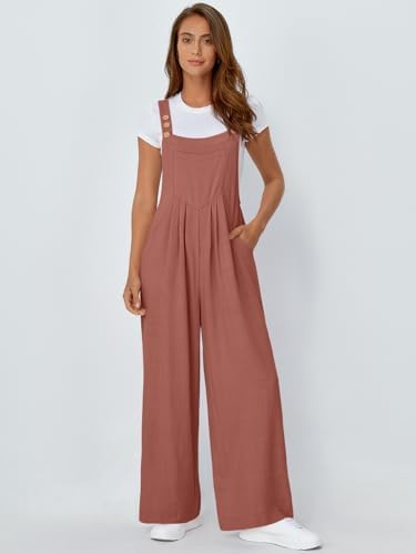 AUTOMET Womens Overalls Wide Leg Jumpsuits Casual Bib Summer Rompers Jumpers Loose Sleeveless Straps With Pockets Outfits, Rust, S