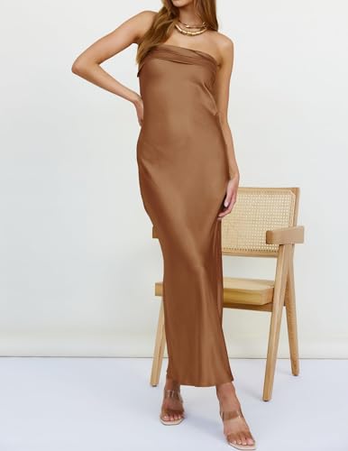 Image of MEROKEETY Women's Summer Satin Strapless Bodycon Dress 2026 Backless Tube Wedding Guest Cocktail Formal Party Maxi Dresses