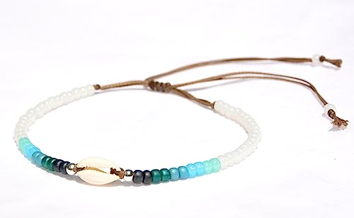 Bohemian Cowrie Shell Anklet for Women, Adjustable Waterproof Beaded Ankle Bracelet with Blue Turquoise and Aqua Beads, Handmade by Tribes - Image 3