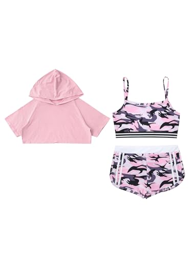 TiaoBug 3Piece Gymnastics Outfit for Kids Girls Dance Crop Hoodie Sport Bra Training Tank And Camouflage Shorts Boyshorts Set3