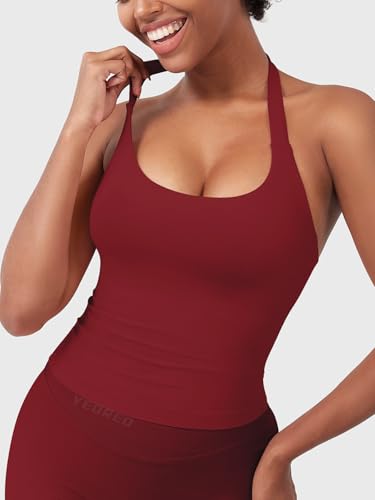 Image of YEOREO SoftHue Women's Impact Halter Tank Top Longline Backless Scoop Neck Built-in Bra Sports Workout Gym Crop Top