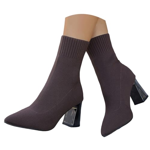 Women's Knit Ankle Boots Fall Winter Pointed Toe Chunky Heel Booties, Elegant Elastic Knitted Dress Sock Boots for Office Party Evening, Women Comfortable Heeled Booties Walking Shoes