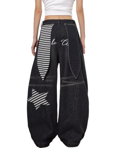 Y2k Unisex Vintage 3D Star Applique Baggy Jeans Hiphop Punk Streetwear Grunge Casual Wide Leg Oversized Denim Pants