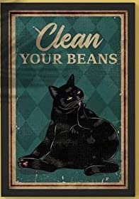 WellDGS Clean Your Beans Black Cat Bathroom Vintage Tin Sign Funny Art Print Wall Decoration Decor Animal Lovers Gifts 12 x 8 Inch