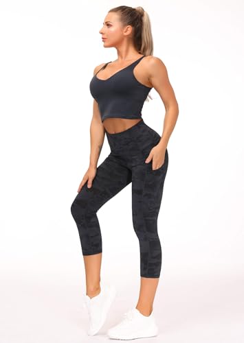 Image of THE GYM PEOPLE Thick High Waist Capris Yoga Pants with Pockets, Tummy Control Workout Running Yoga Leggings for Women