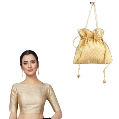 Image of Studio Shringaar Polyester Women's Golden Readymade Saree Blouse