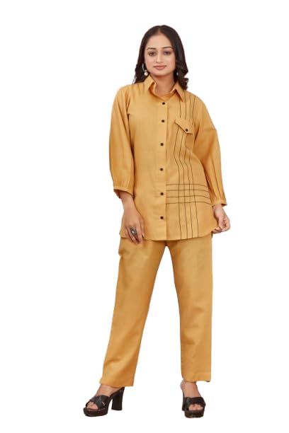 Image of Women's Yellow Rayon Co-Ord Set | Unique Style Collar Neck Full Sleeve Shirt & Matching Pants | Thread Work Ethnic Wear Kurta Set