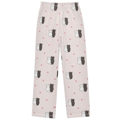 Boy's Pj Pants Cat Lover Couple Light Pink Heart Lounge Bottoms Elastic Waist Kids Joggers with Pockets Size 6-14