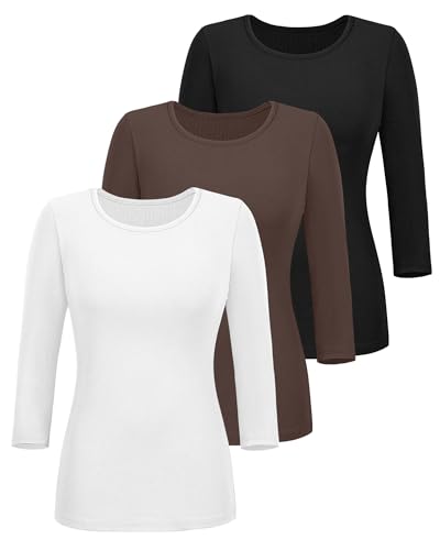 Ficerd 3 Pack 3/4 Sleeve Tops for Women, Cotton Knit Ribbed T Shirts Basic Slim Fit Stretch Tees Casual Crew Neck Shirts2