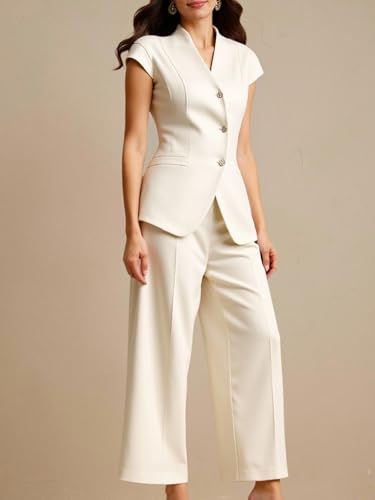 Women's 2 Piece Business Casual Outfit Button Up Notch V Neck Blazer Vest and Wide Leg Pants Set3
